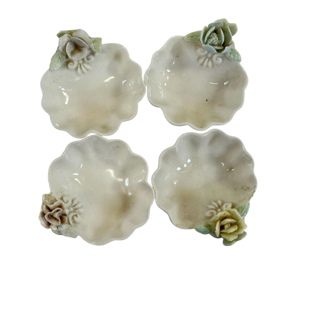 Set of 4 VINTAGE PORCELAIN SALT CELLAR SHELL SHAPED W/ROSES‎ BY ARDALT ~ JAPAN